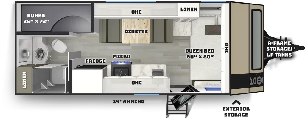 Reboot 19.6 floor plan with queen bed, dinette and 14-foot awning