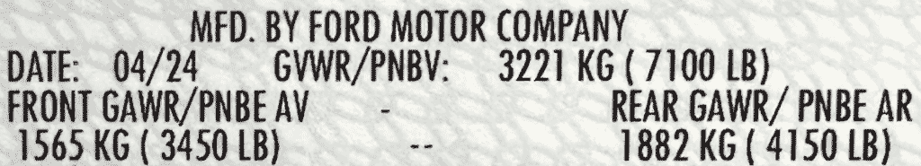 Ford F-150 compliance label with GVWR and front and rear GAWR